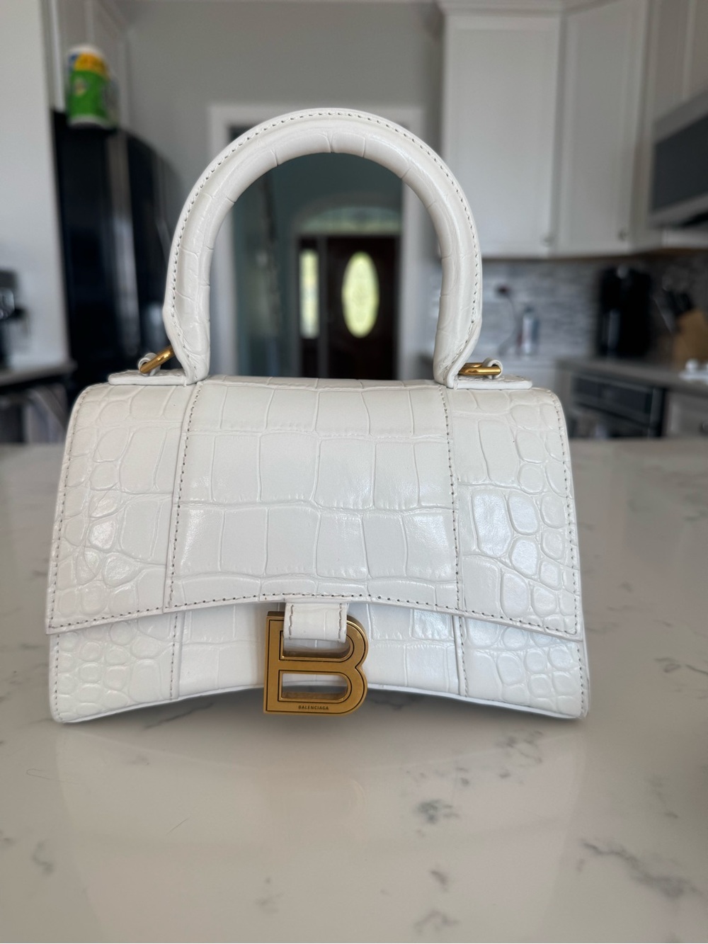 BALENCIAGA
Calfskin Crocodile Embossed Hourglass Top Handle Bag XS White